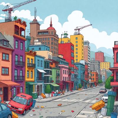 The image is a colorful, hand-drawn cartoon of a city street. The primary subject is a red car driving down the street, surrounded by various other cars and trucks. The setting is a busy city street with buildings in the background. The visual style is a mix of digital art and illustration, giving the scene a unique and lively atmosphere. The colors are vibrant and diverse, with the red car being the most prominent. The overall mood is energetic and bustling, capturing the essence of a bustling city environment.